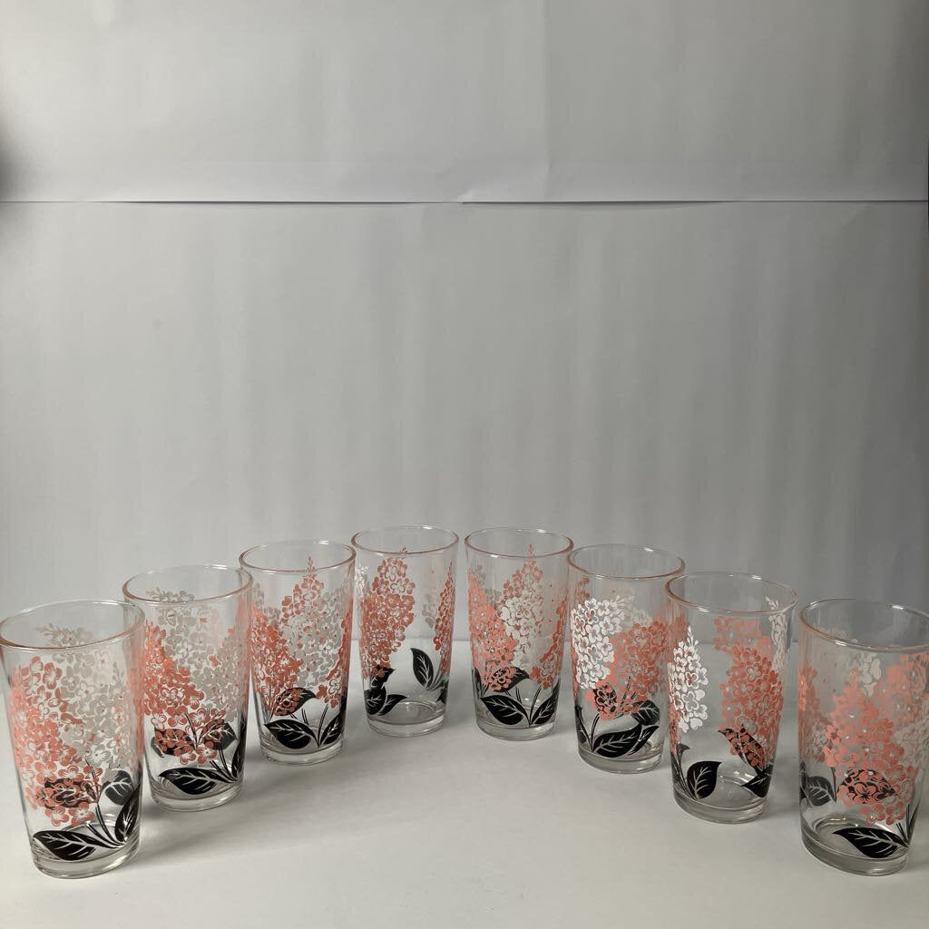 Set of 8 1950s Pink and White Floral Tumbler Glasses