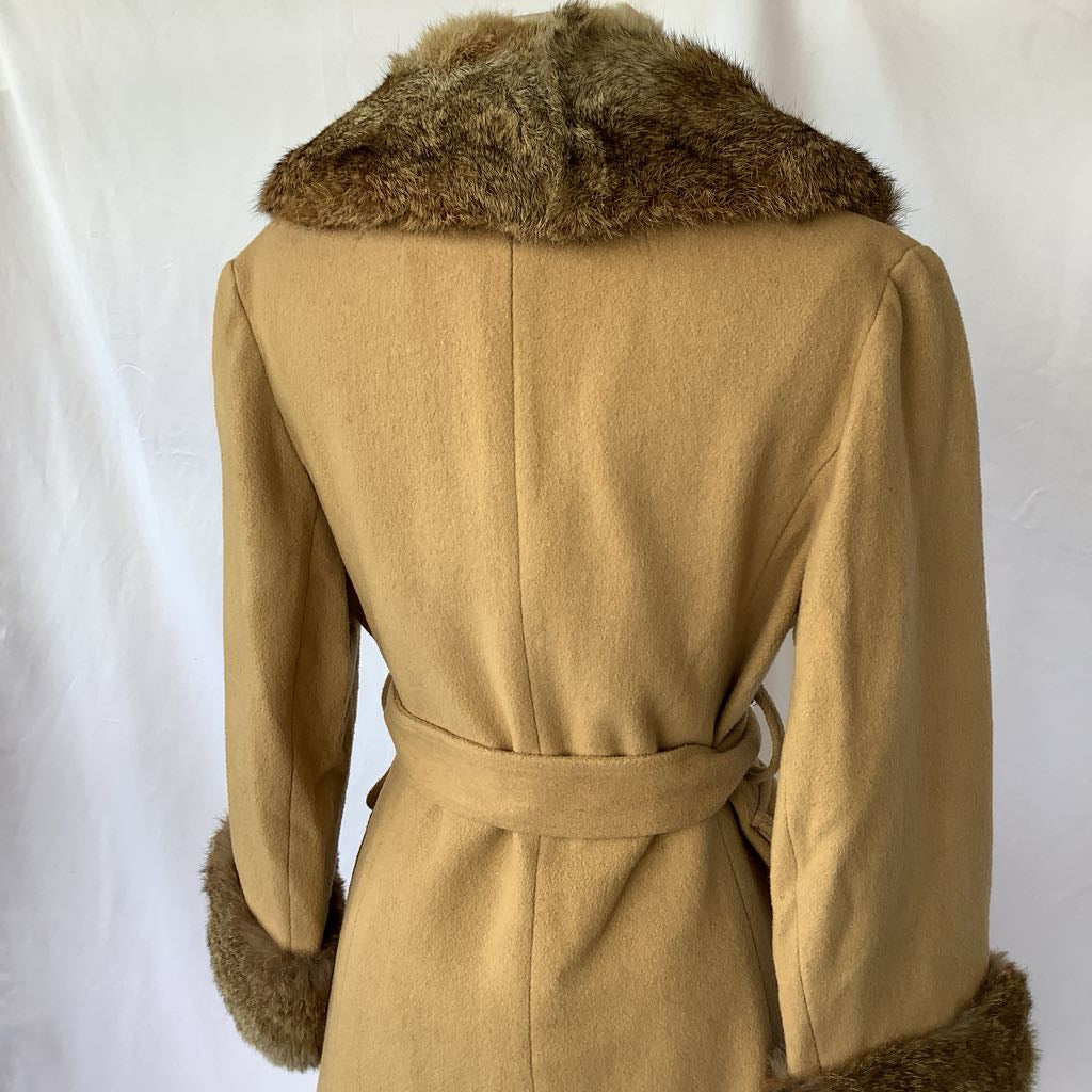 Vintage Double Breasted Wool Jacket w/ Belt, Fur Neck & Wrists