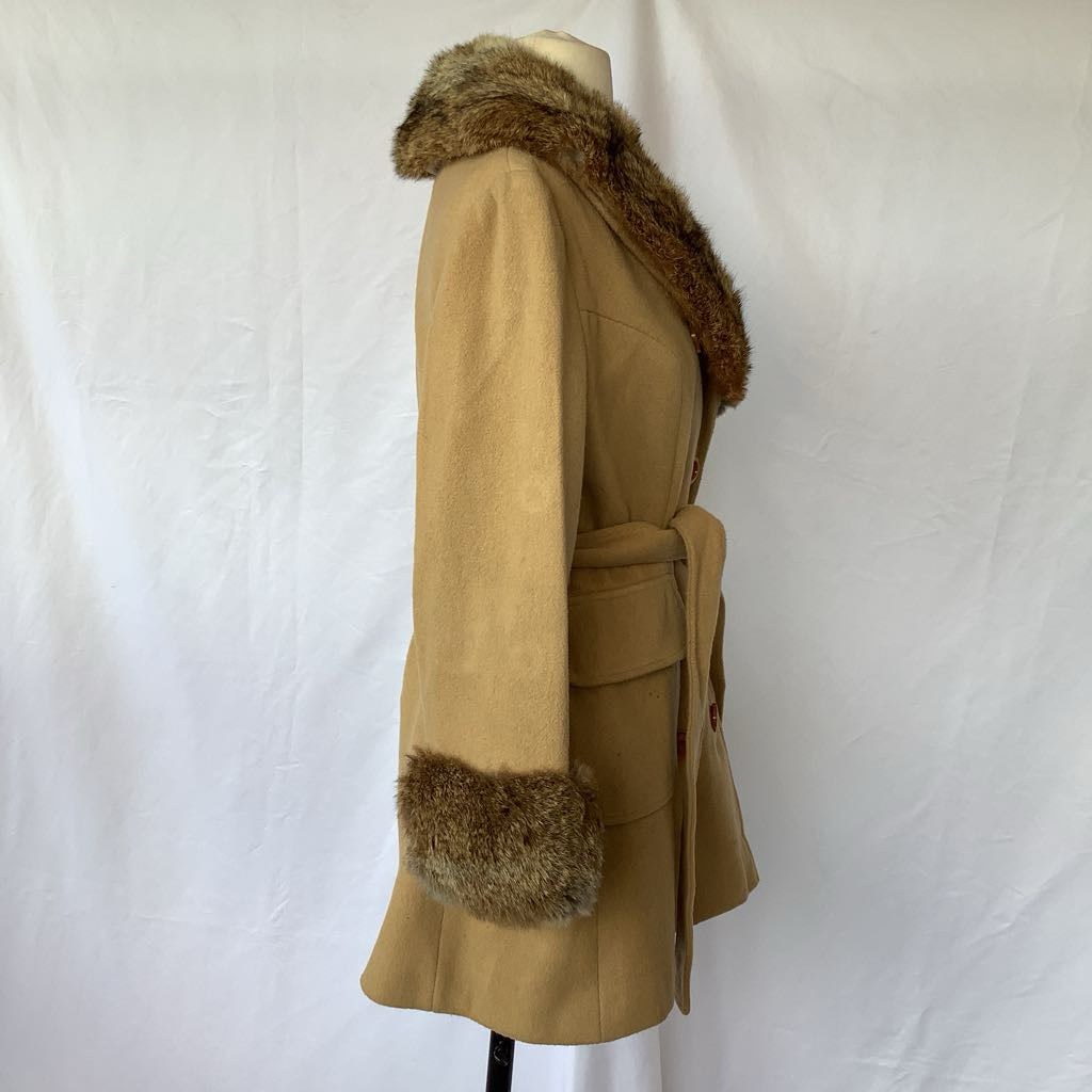 Vintage Double Breasted Wool Jacket w/ Belt, Fur Neck & Wrists