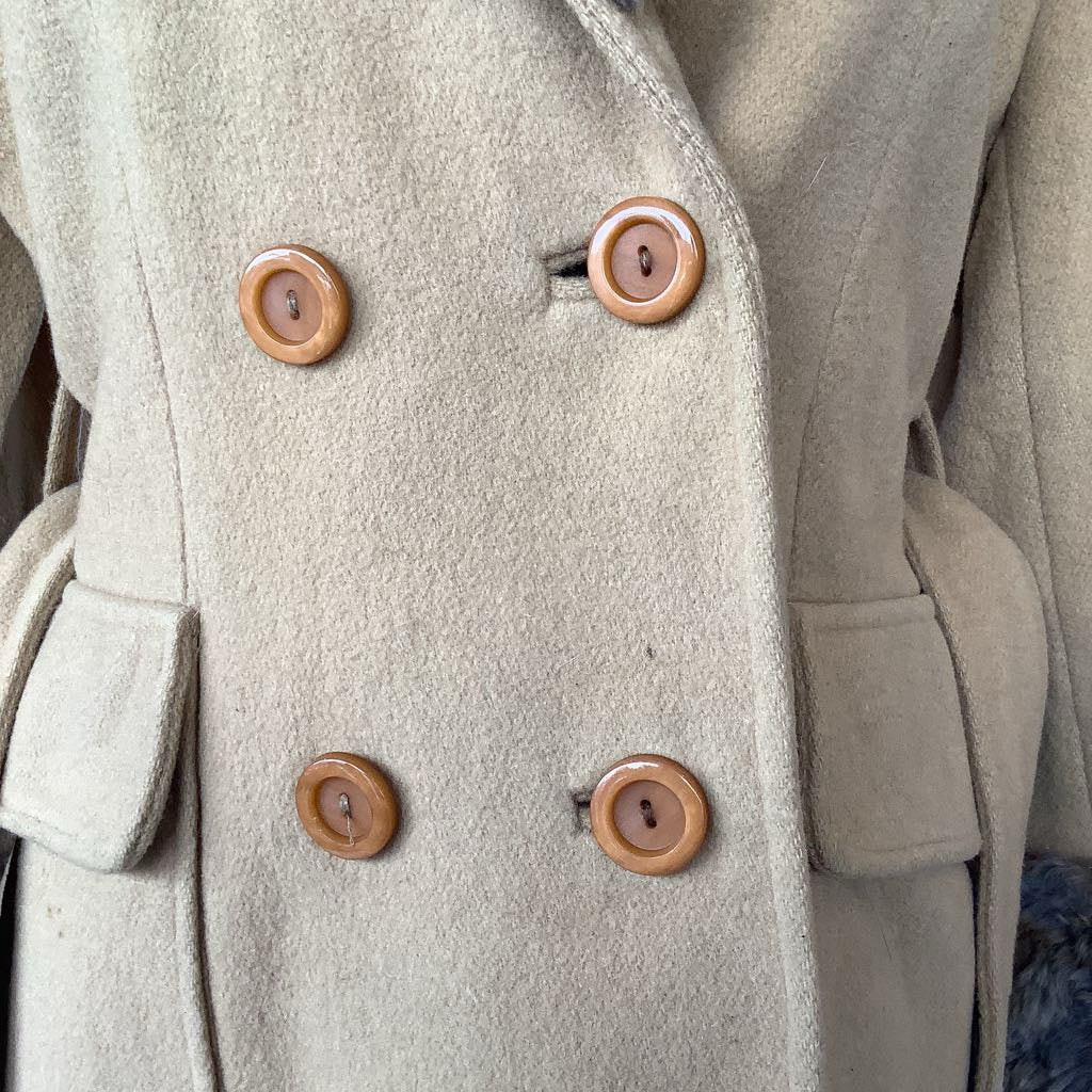 Vintage Double Breasted Wool Jacket w/ Belt, Fur Neck & Wrists