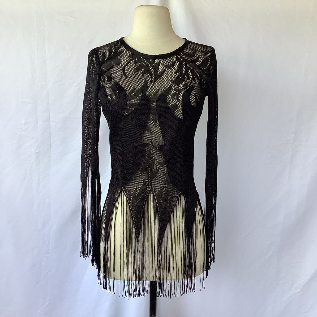 1970s Fredrick's of Hollywood Black Lace Fringe Top