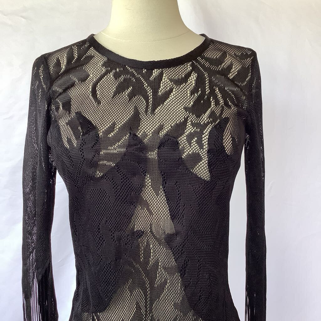 1970s Fredrick's of Hollywood Black Lace Fringe Top