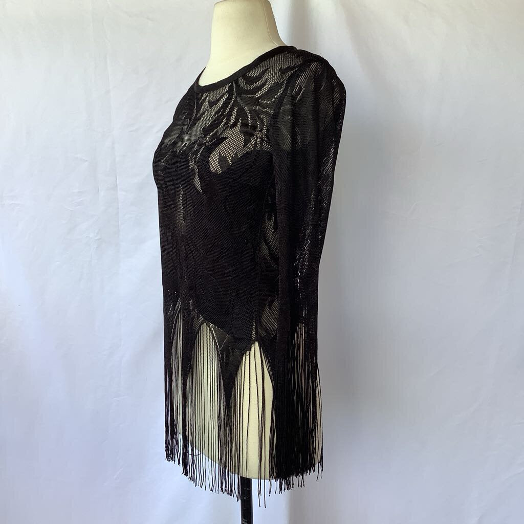 1970s Fredrick's of Hollywood Black Lace Fringe Top