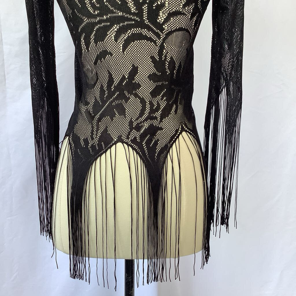 1970s Fredrick's of Hollywood Black Lace Fringe Top