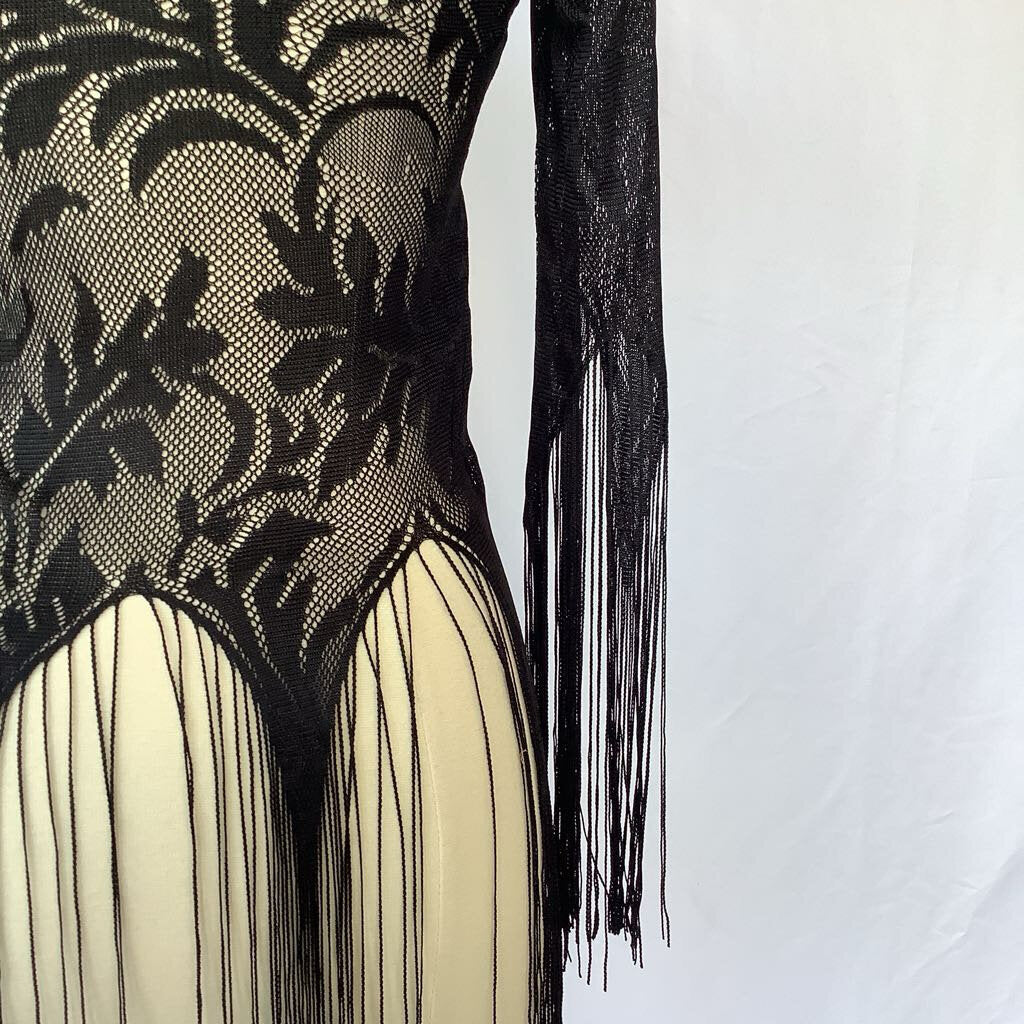 1970s Fredrick's of Hollywood Black Lace Fringe Top