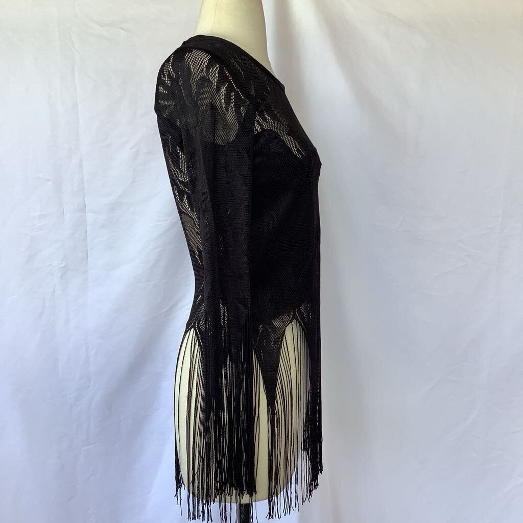 1970s Fredrick's of Hollywood Black Lace Fringe Top