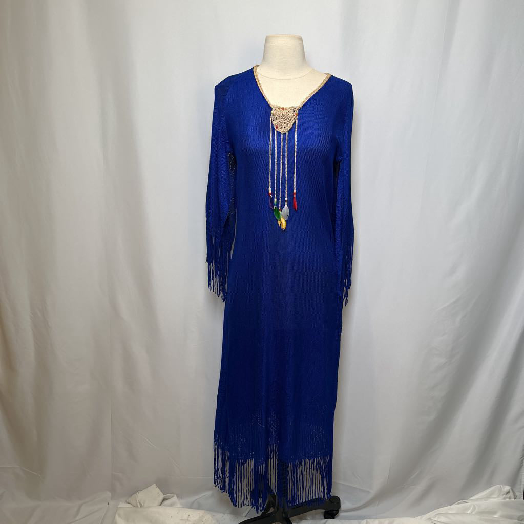 1970s Blue Mesh Maxi w/ Rope Embroidered Neck w/ Feathers & Fringe