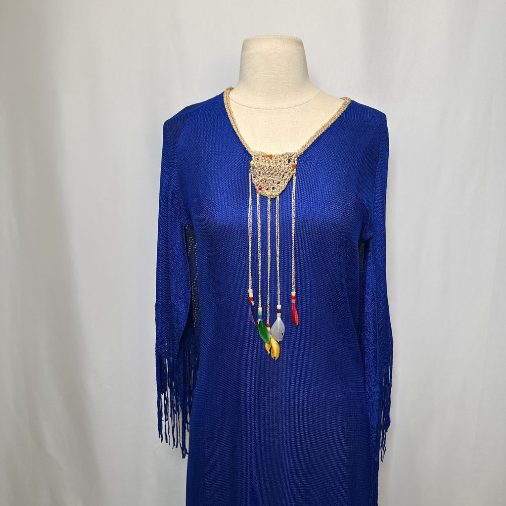 1970s Blue Mesh Maxi w/ Rope Embroidered Neck w/ Feathers & Fringe