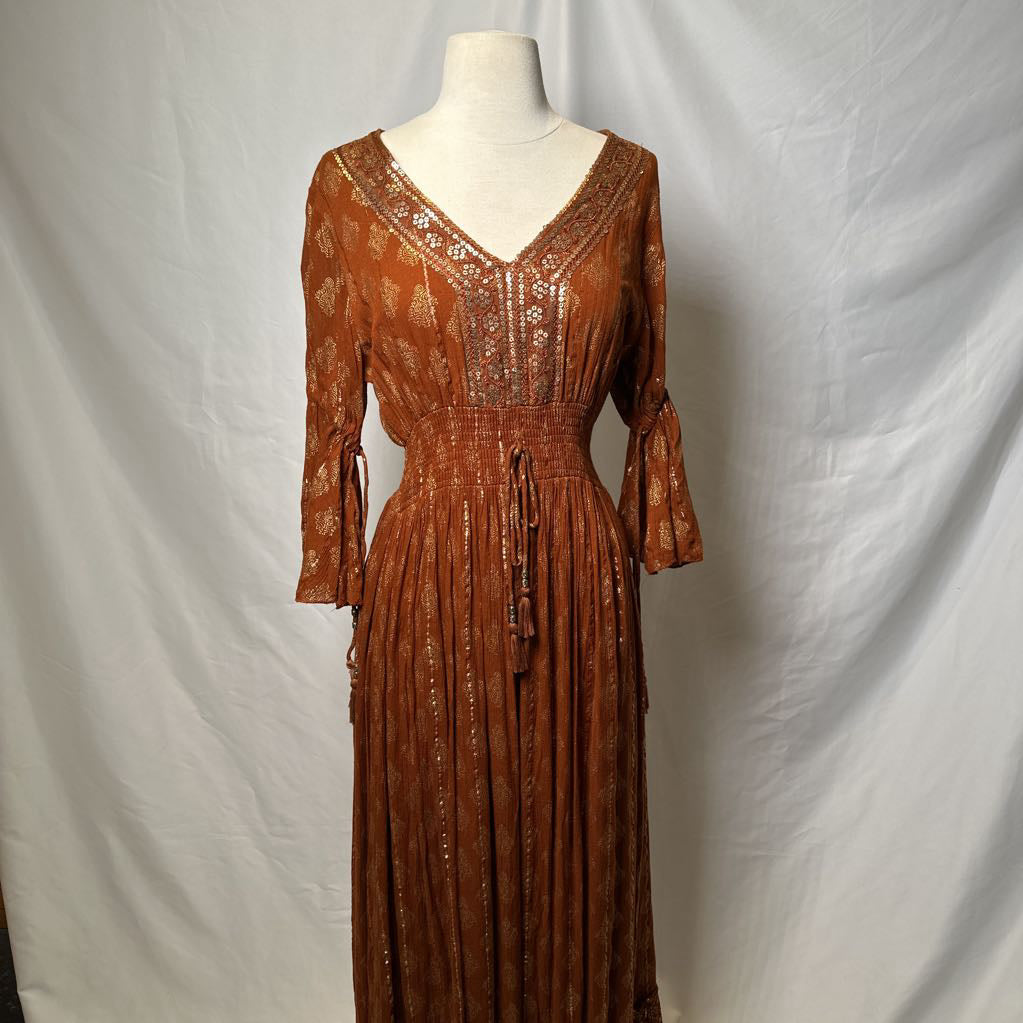 Tan Maxi Boho Dress with Metallic Thread