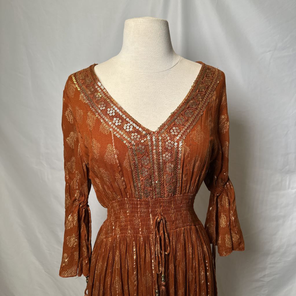 Tan Maxi Boho Dress with Metallic Thread