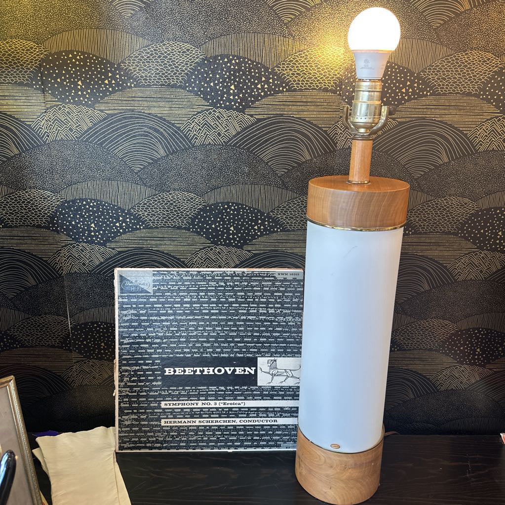 Mid Century Modern Swedish Frosted White Glass Cylinder Table Lamp w/ Brass & Wood Accents