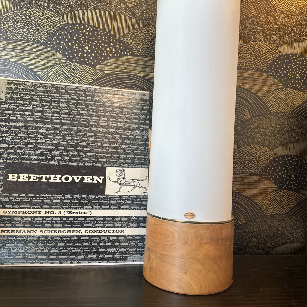 Mid Century Modern Swedish Frosted White Glass Cylinder Table Lamp w/ Brass & Wood Accents