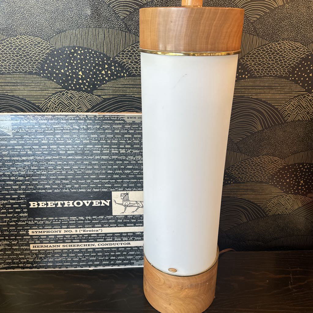 Mid Century Modern Swedish Frosted White Glass Cylinder Table Lamp w/ Brass & Wood Accents