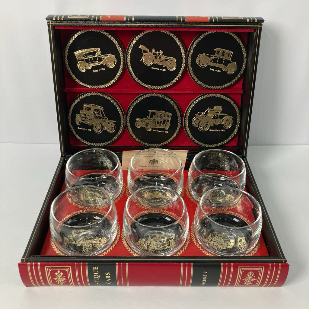1970s Swank Glassware Set in Antique Cars Book Box