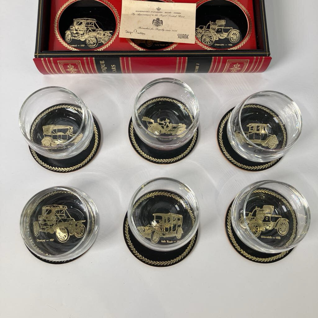 1970s Swank Glassware Set in Antique Cars Book Box