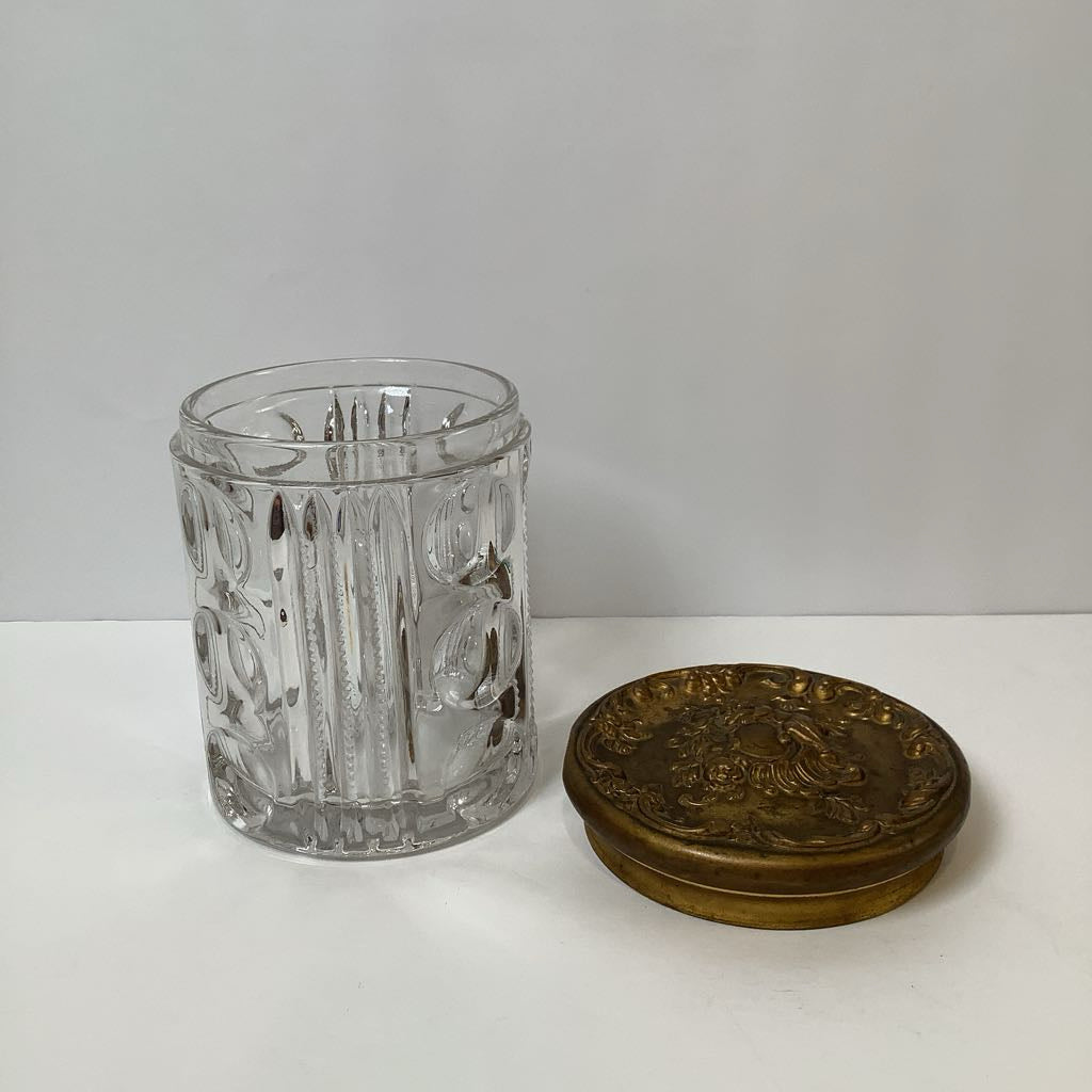 Early 1990s EAPG Glass Tobacco Jar Humidor Bullseye Zipper Cherub Metal Lid