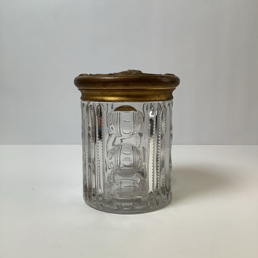 Early 1990s EAPG Glass Tobacco Jar Humidor Bullseye Zipper Cherub Metal Lid