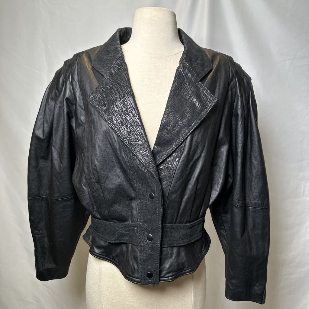 Retro Leather 1980s Embossed Suede Batwing Crop Jacket