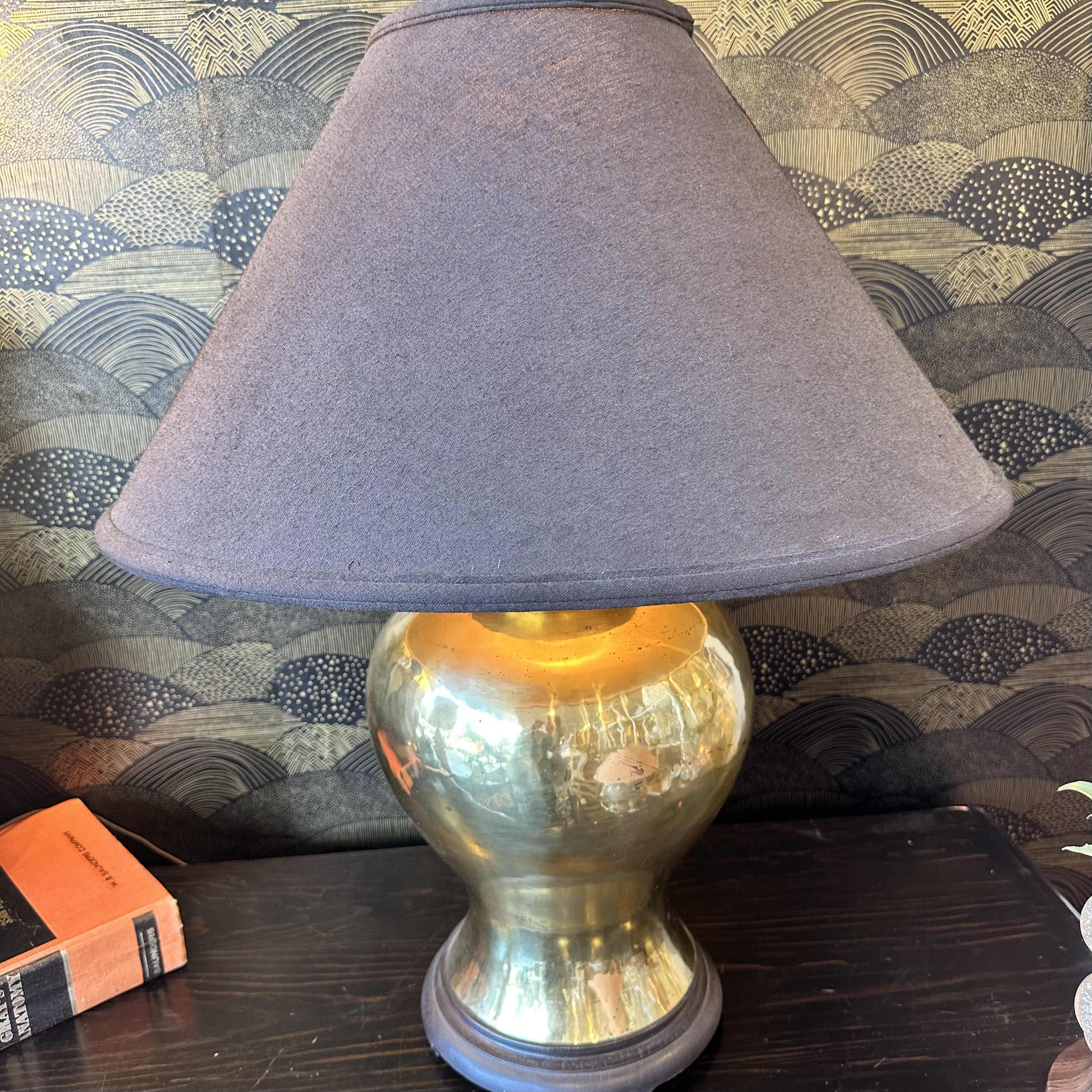 Mid Century Brass Asian Urn Table Lamp w/ Black Shade