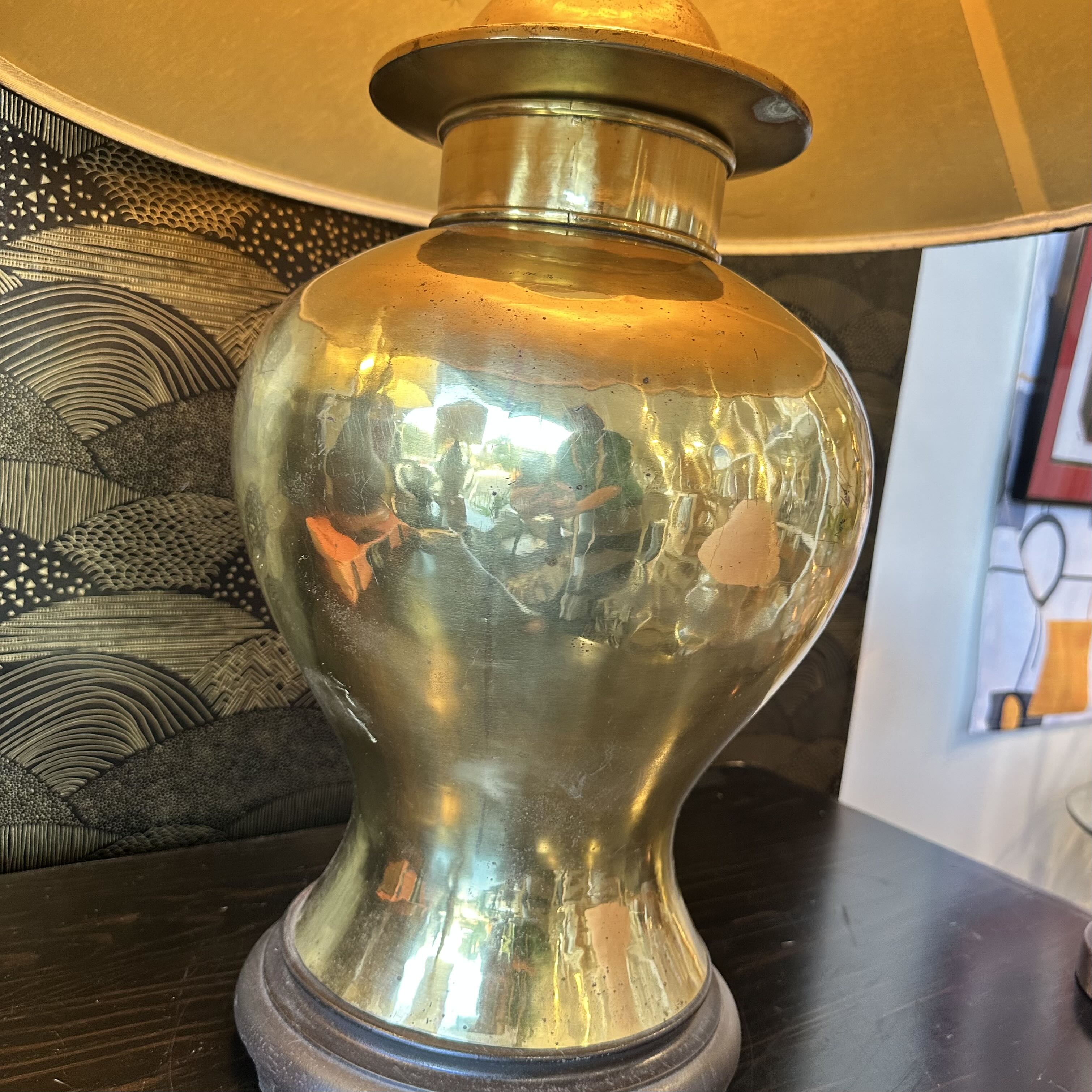 Mid Century Brass Asian Urn Table Lamp w/ Black Shade