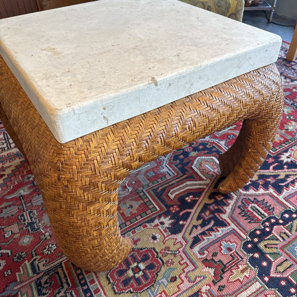 Vintage Alexvale Travertine Top & Woven Leather Base Side Table