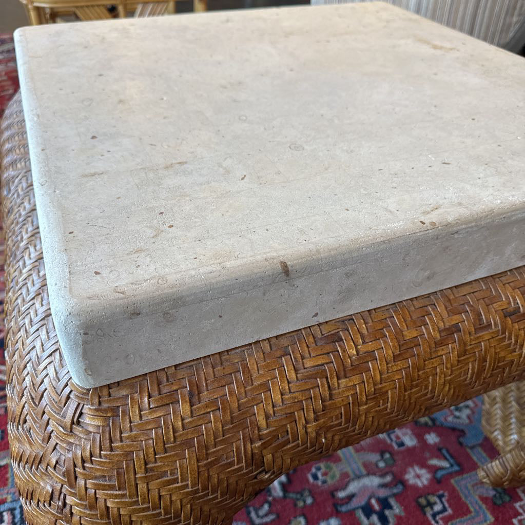 Vintage Alexvale Travertine Top & Woven Leather Base Side Table
