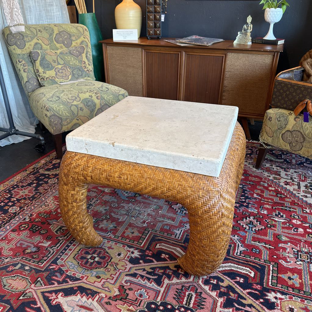 Vintage Alexvale Travertine Top & Woven Leather Base Side Table