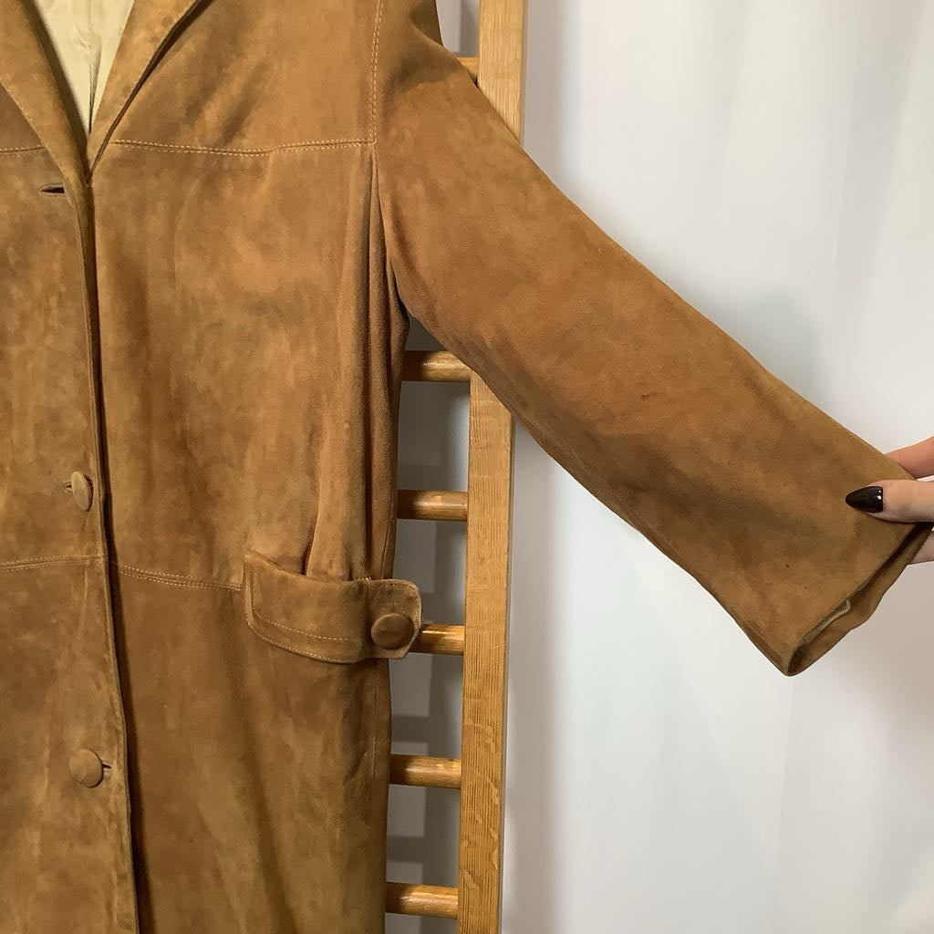 Brown leather coat on a wooden rack against a white background