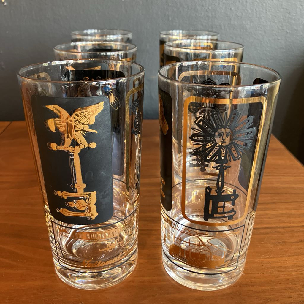 Rare Mid-Century Set of 6 Black and Gold Key Glasses