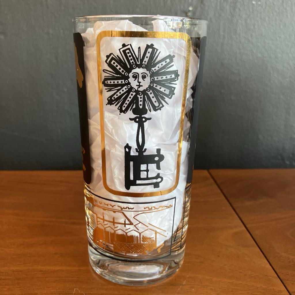 Rare Mid-Century Set of 6 Black and Gold Key Glasses