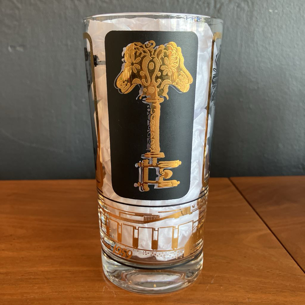 Rare Mid-Century Set of 6 Black and Gold Key Glasses