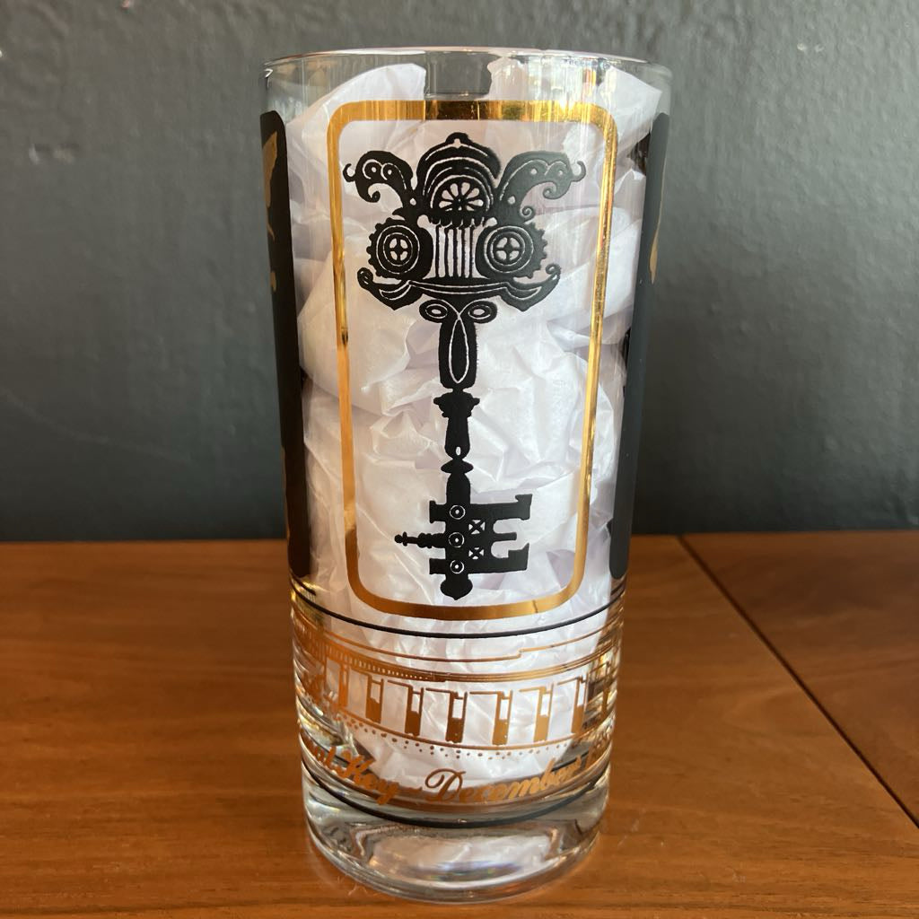 Rare Mid-Century Set of 6 Black and Gold Key Glasses