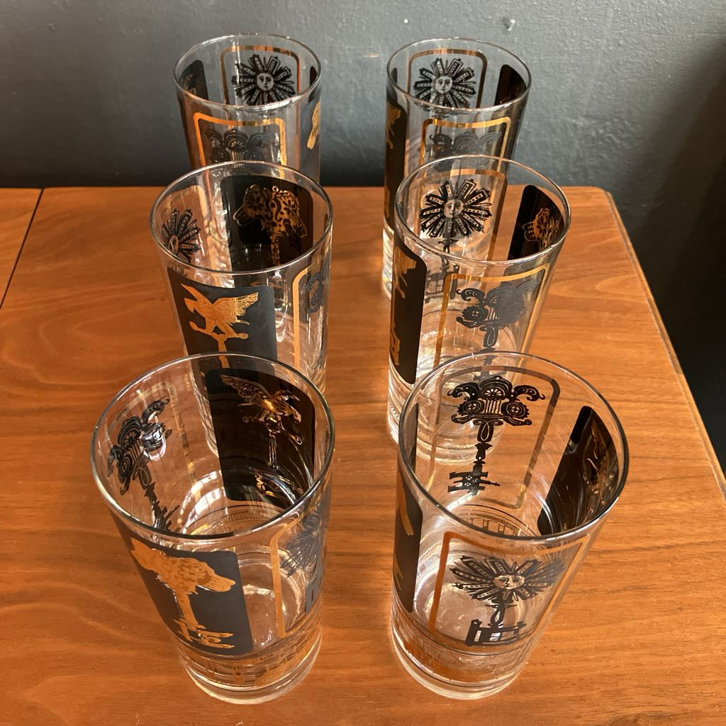 Rare Mid-Century Set of 6 Black and Gold Key Glasses