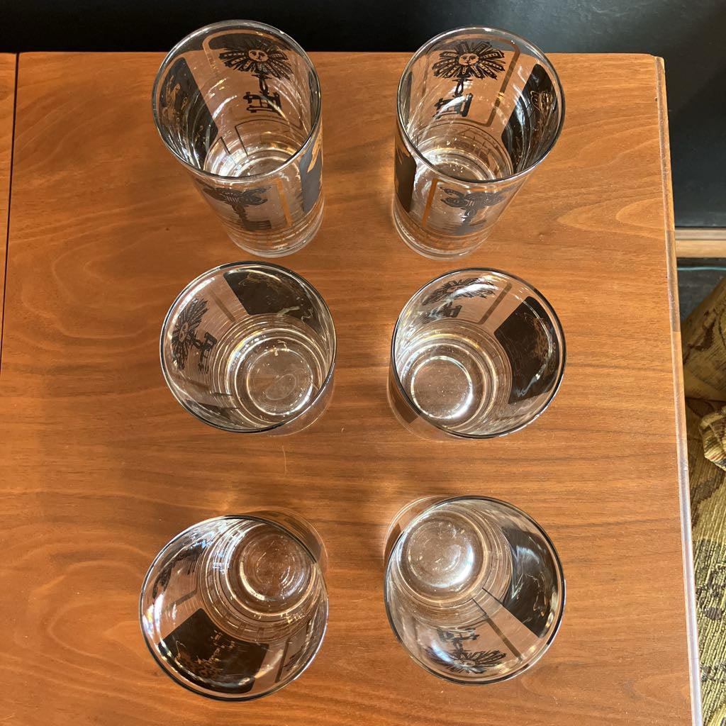 Rare Mid-Century Set of 6 Black and Gold Key Glasses