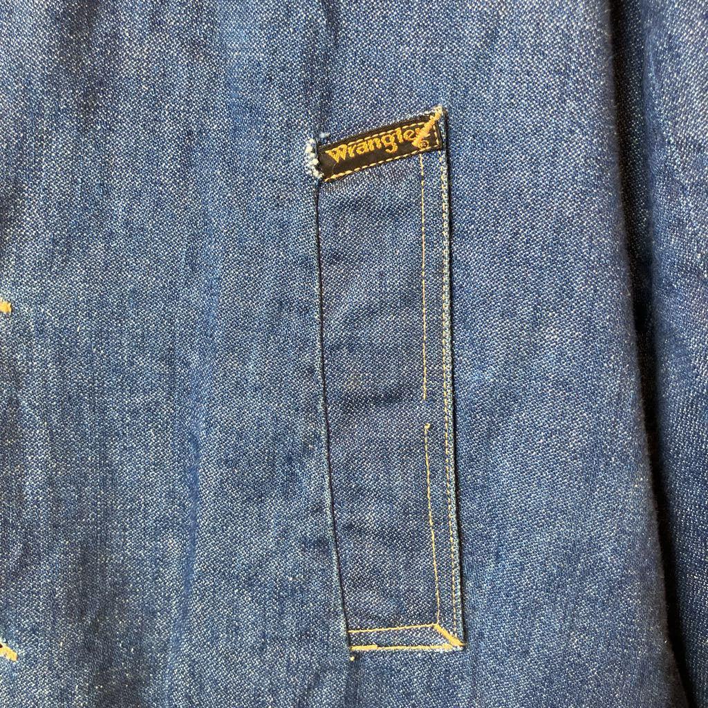 Close-up of a Wrangler label on a blue denim fabric