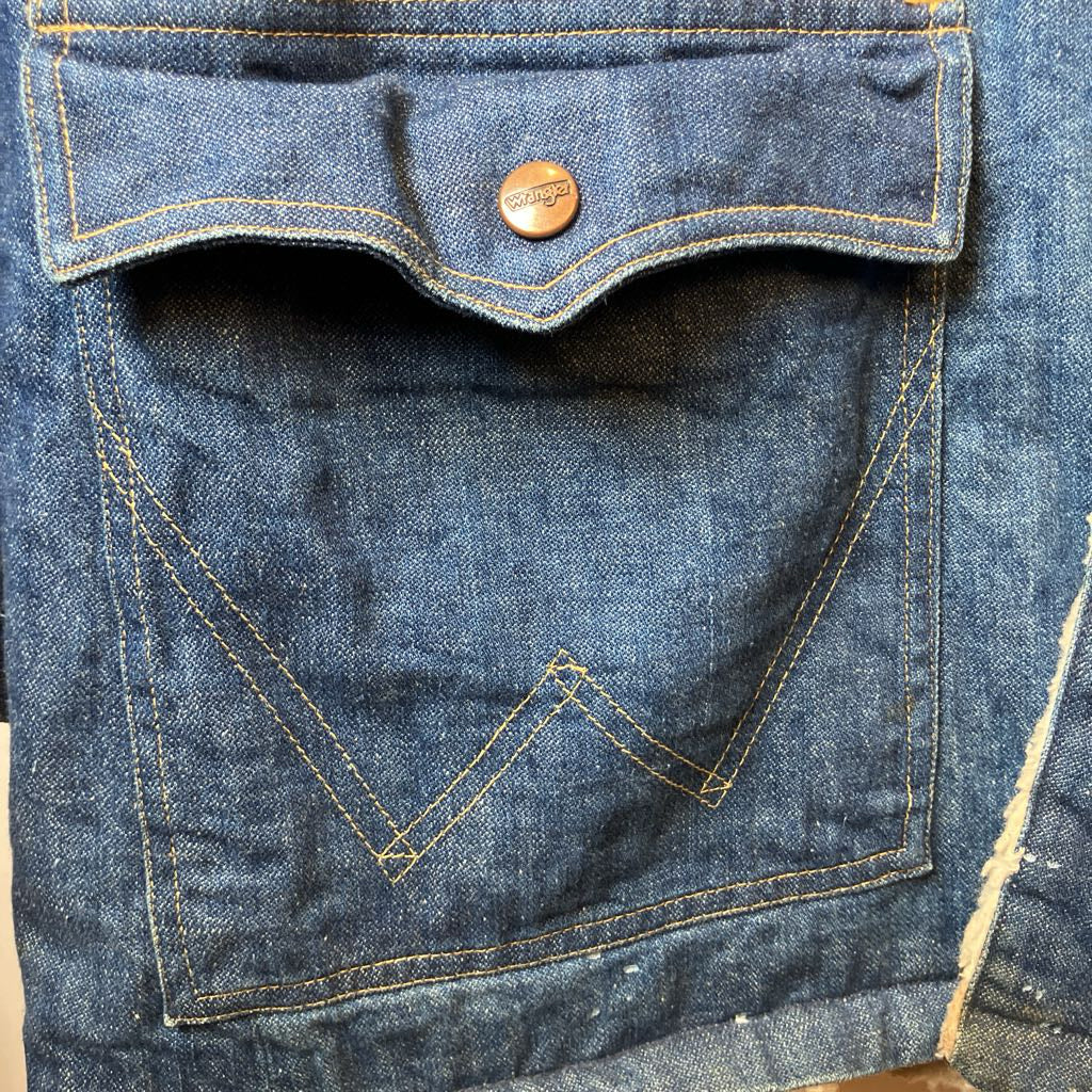 Close-up of a blue denim pocket with a button on a Wrangler jacket.