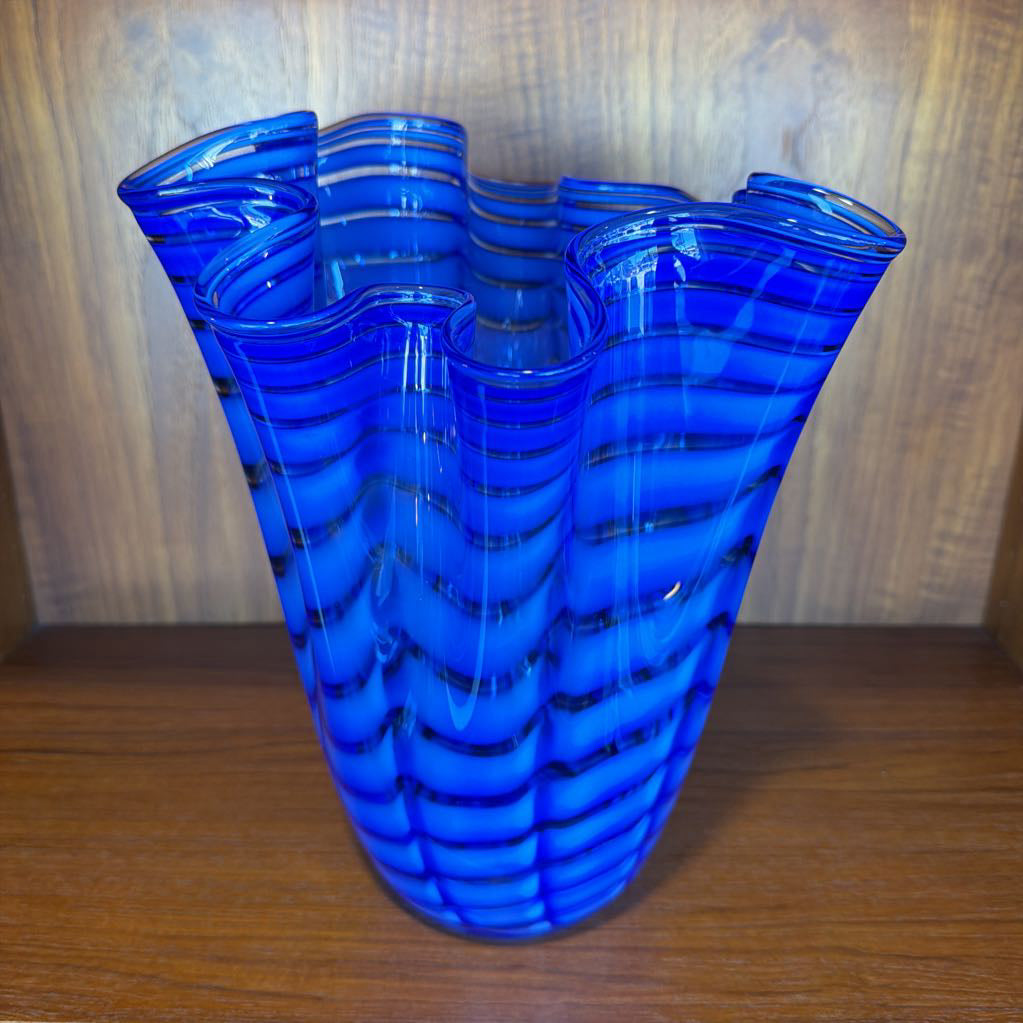 12" Cobalt Zig Zag Ruffled Vase Made in Poland- Vintage