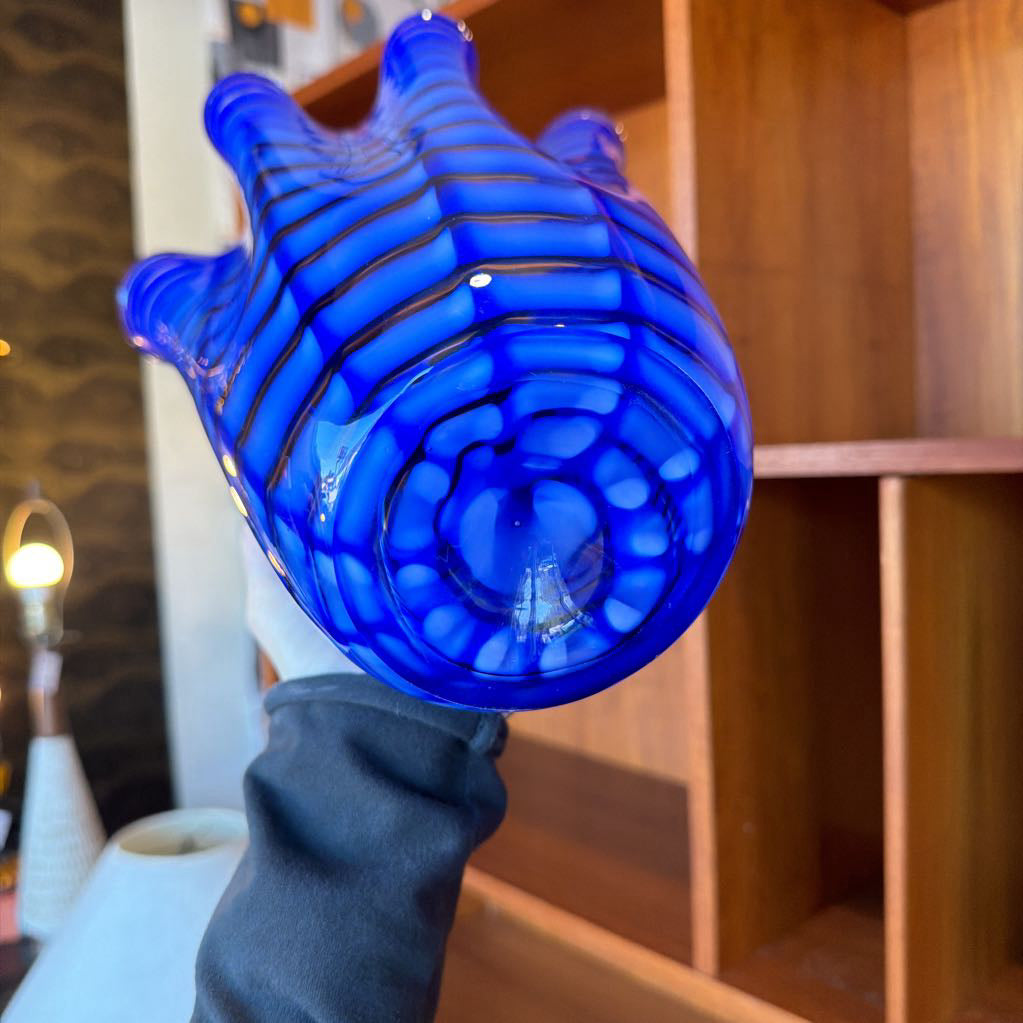 12" Cobalt Zig Zag Ruffled Vase Made in Poland- Vintage