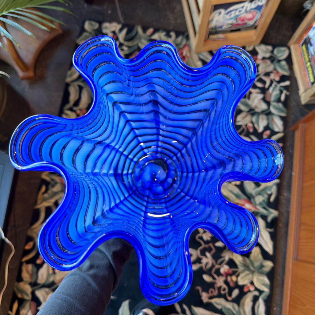 12" Cobalt Zig Zag Ruffled Vase Made in Poland- Vintage