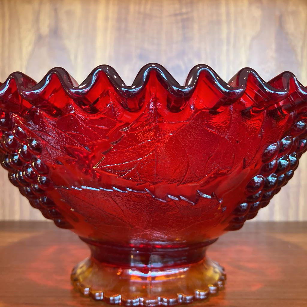 Vintage Amberina Glass Embossed Grapes & Leaves Footed Bowl
