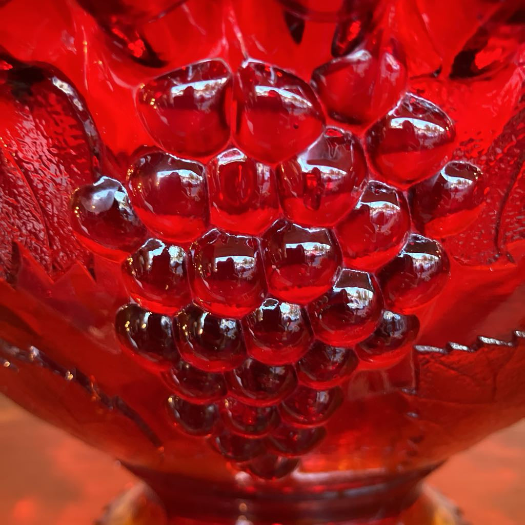 Vintage Amberina Glass Embossed Grapes & Leaves Footed Bowl