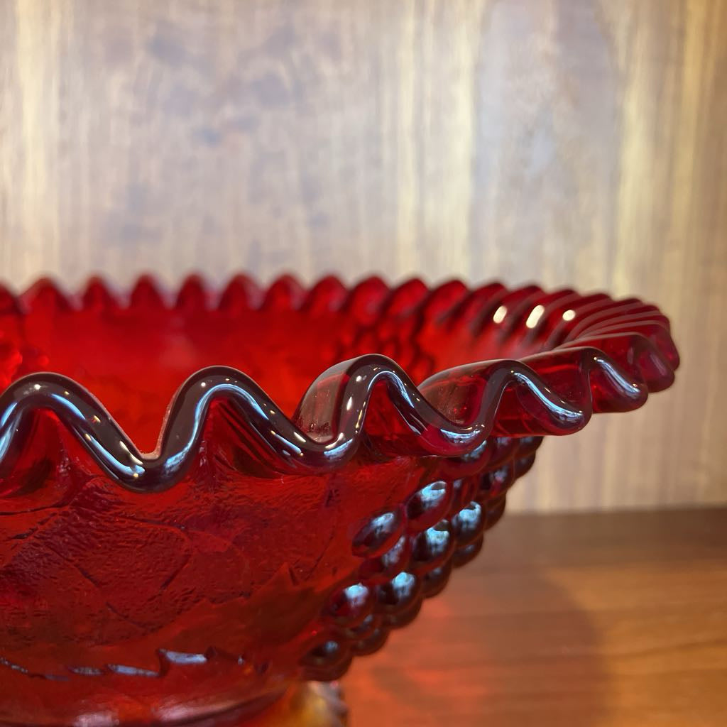 Vintage Amberina Glass Embossed Grapes & Leaves Footed Bowl