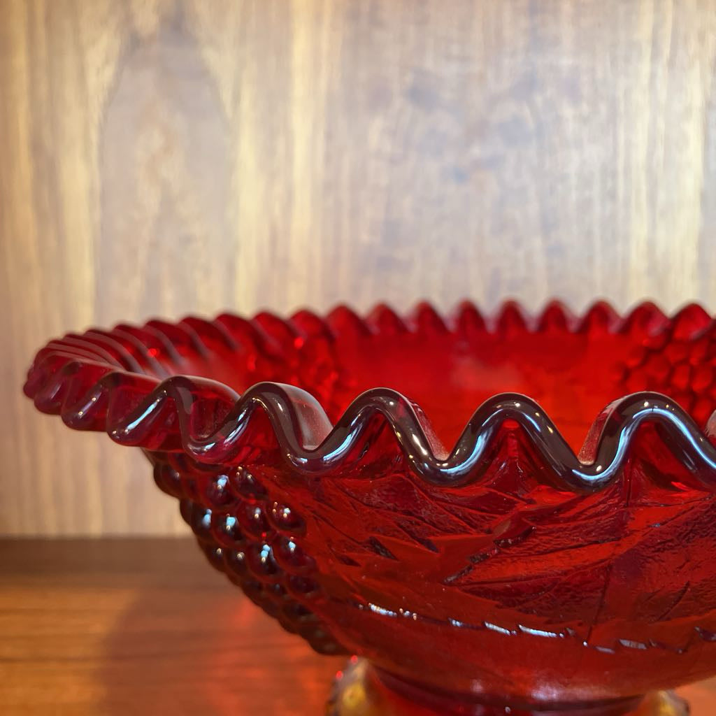 Vintage Amberina Glass Embossed Grapes & Leaves Footed Bowl