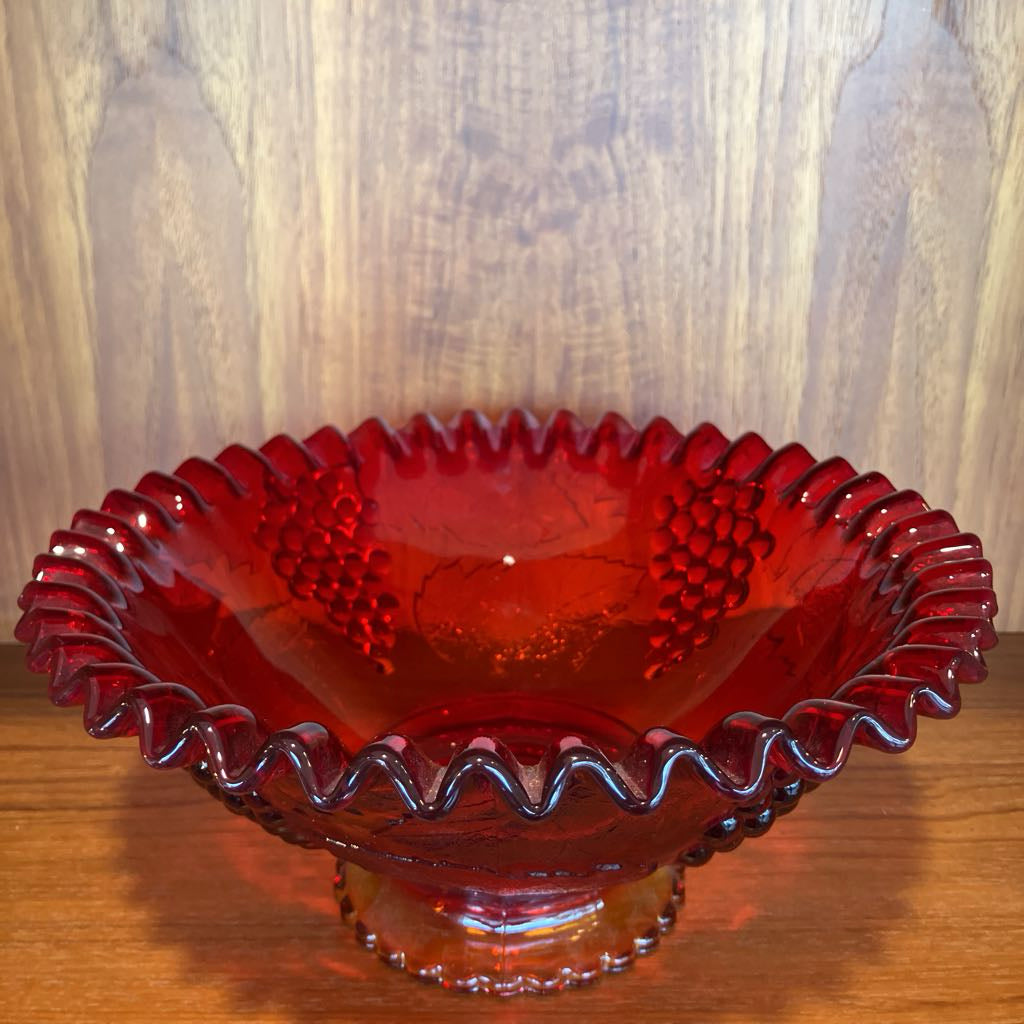 Vintage Amberina Glass Embossed Grapes & Leaves Footed Bowl