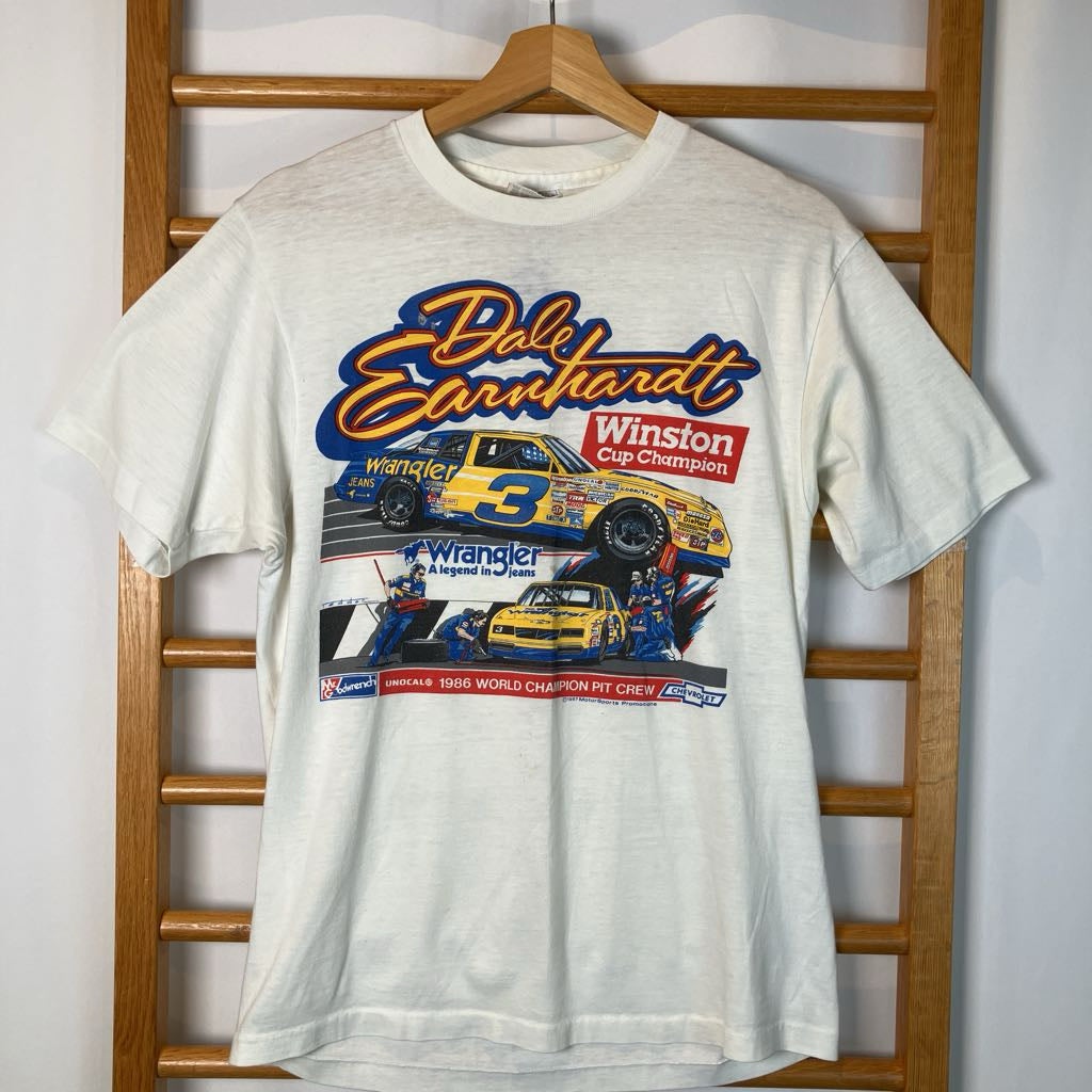 Vintage t-shirt with Dale Earnhardt racing graphics on a wooden hanger.