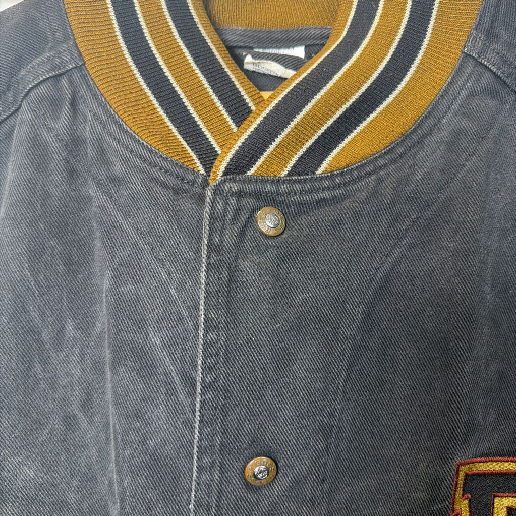 Gray jacket with a striped collar featuring yellow and black colors.
