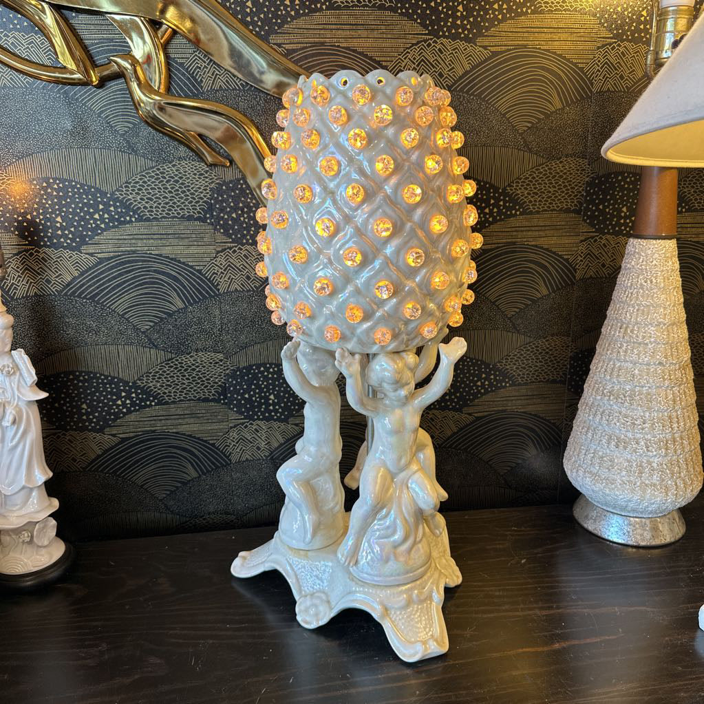 MCM Hollywood Regency Ceramic Cherub Pineapple Lamp