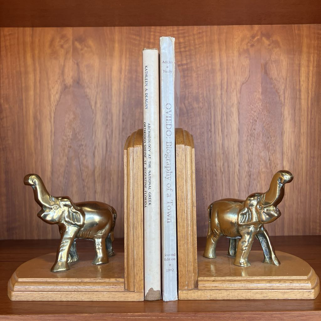 Vintage Wooden Bookends with Brass Elephants