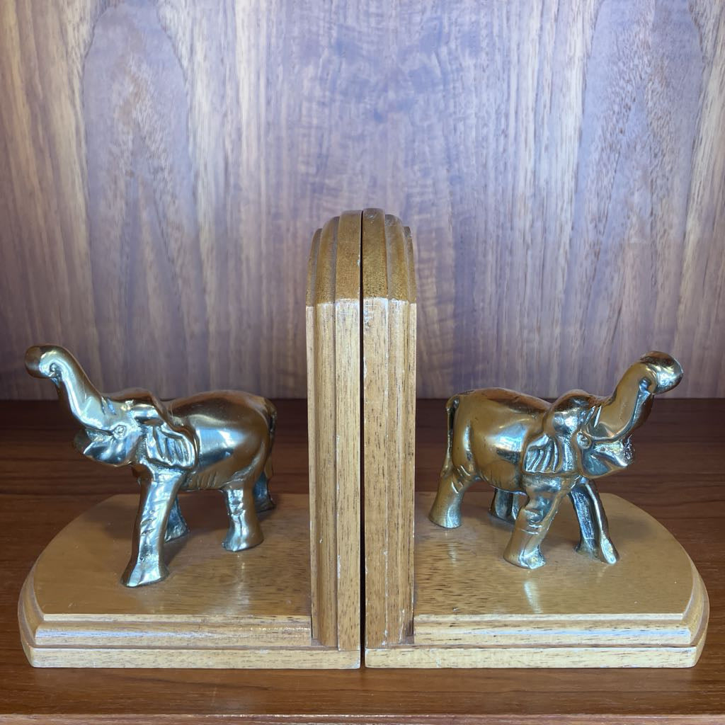 Vintage Wooden Bookends with Brass Elephants