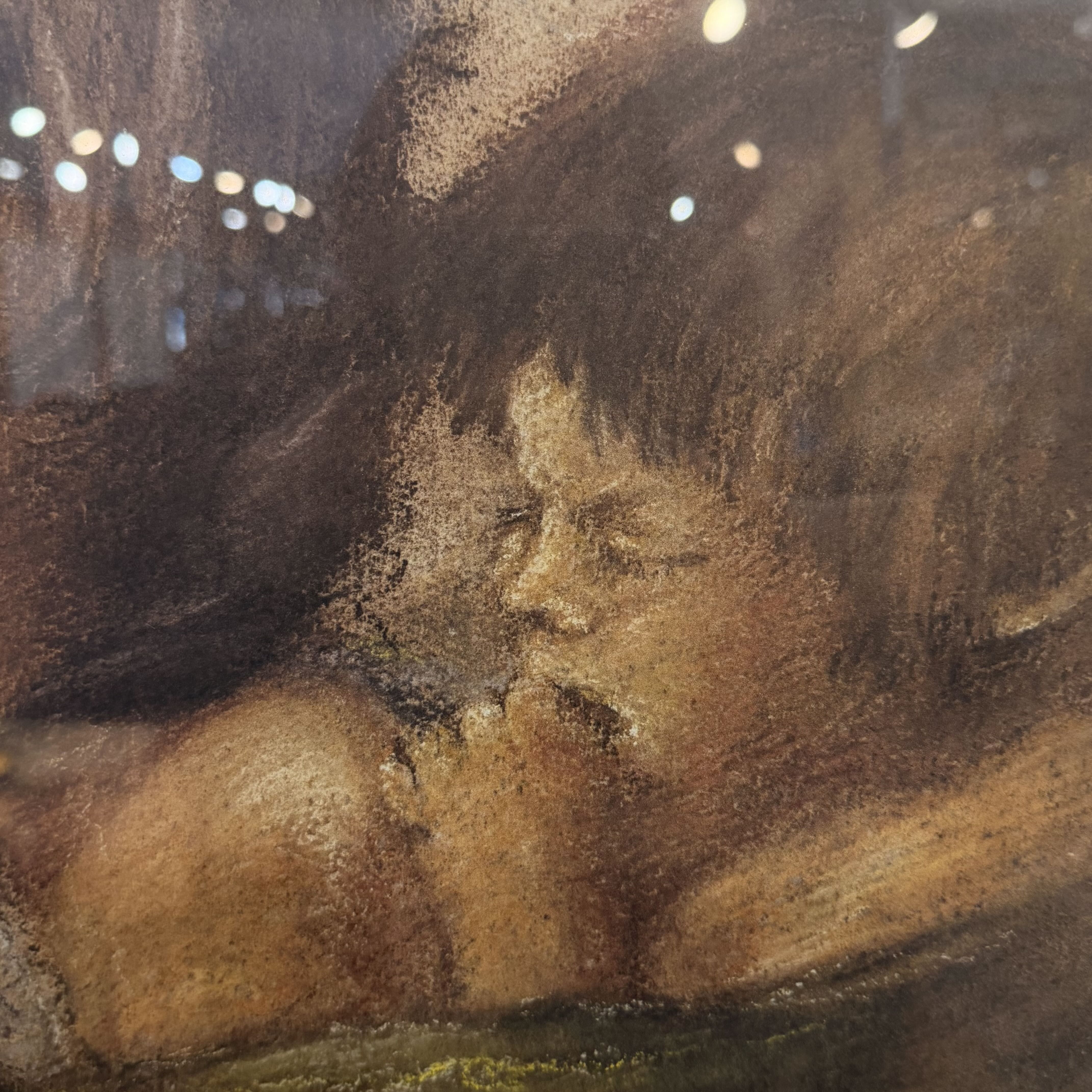 Artistic depiction of a child holding a cat with a warm, brown color palette.